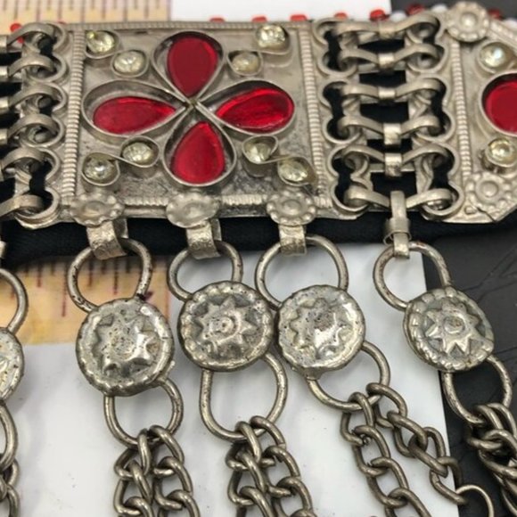 Tribal Glass Stones Choker Necklace With Dangling Tassels, Silver Kuchi Choker - Picture 7 of 8